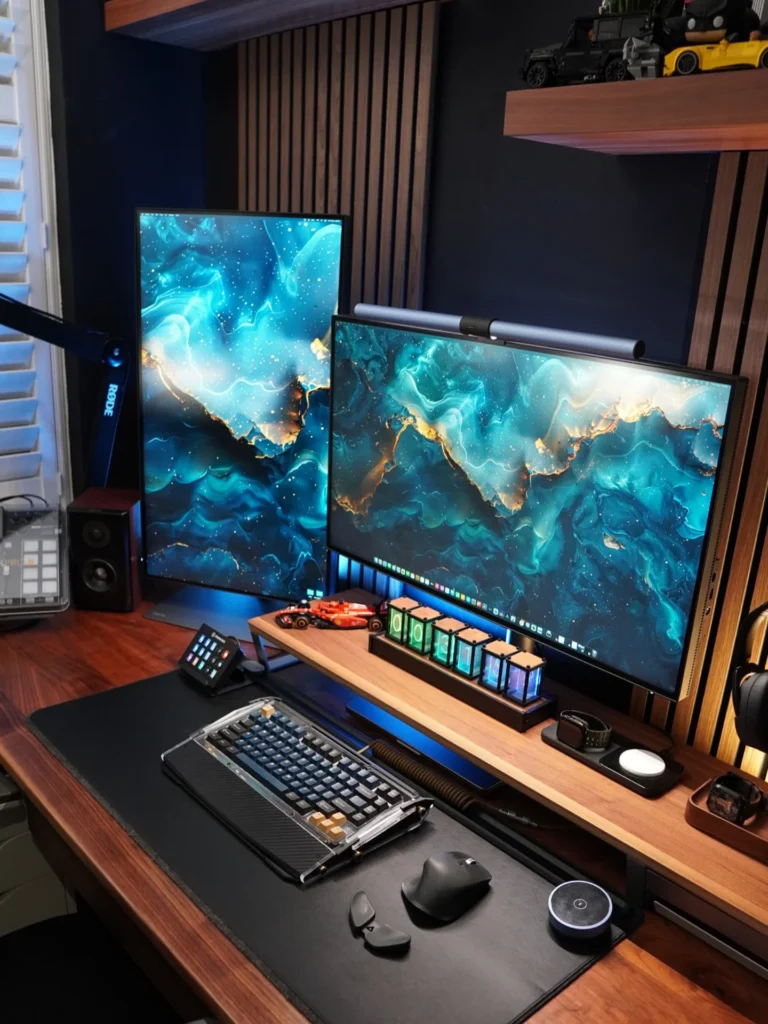 Dark Walnut Desk Setup with Dual Monitors, Nixie Clock, and Teal Wallpaper