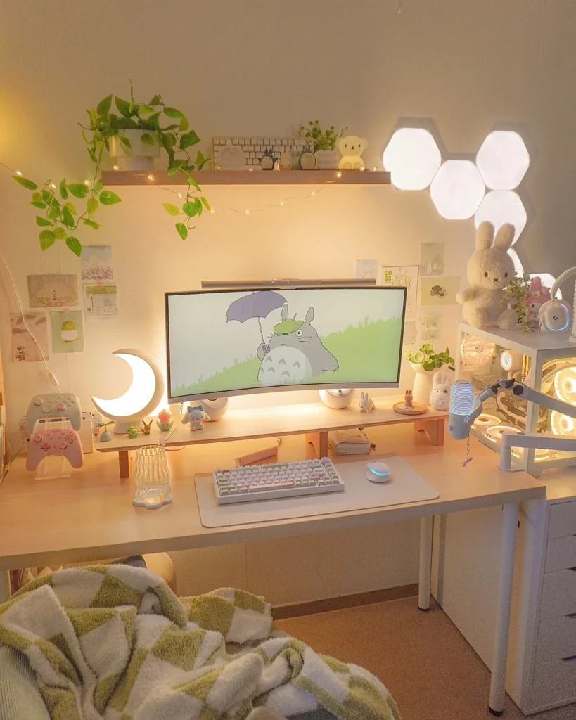 Dreamy Kawaii Desk Setup with Totoro Wallpaper and Warm Fairy Lights