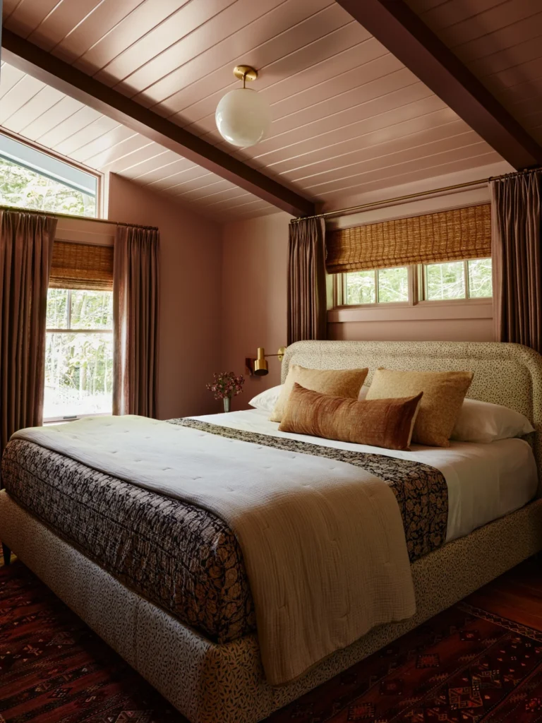 Dusty Rose Bedroom With Painted Ceiling and Botanical Print Upholstery