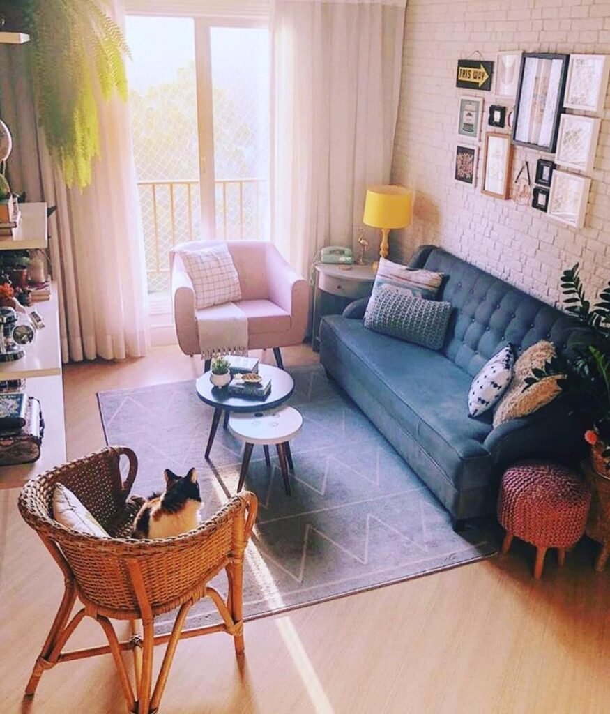Eclectic Living Room With Bold Color and Gallery Wall