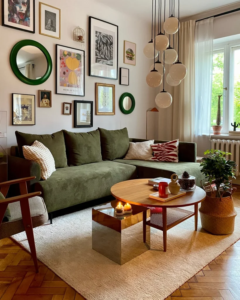 Eclectic Living Room With Floor-to-Ceiling Gallery Wall and Globe Pendant Cluster