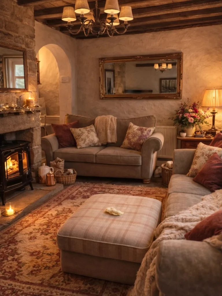 English Cottage Living Room With Wood Burner and Stone Fireplace
