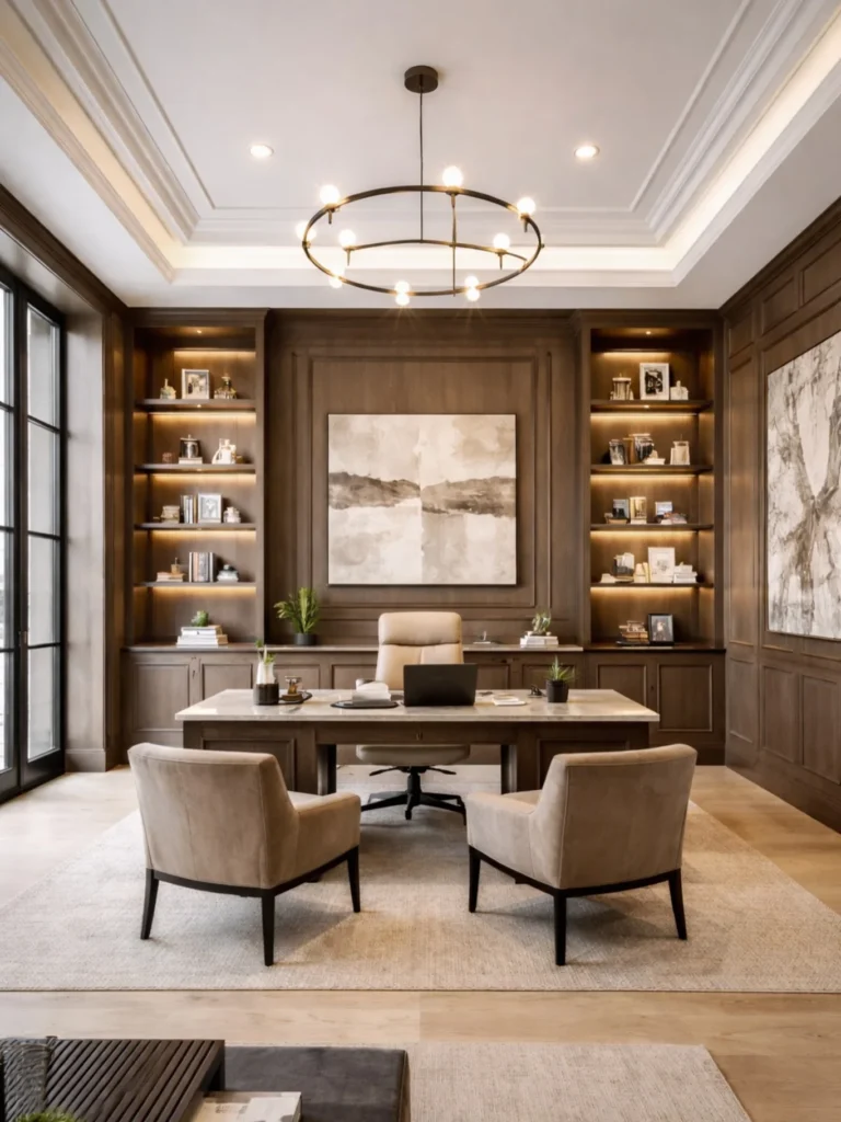 Executive Home Office with Dark Wood Panelling and Built-In Shelving