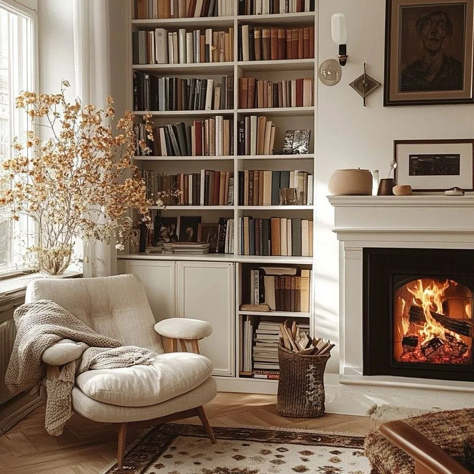 Fireplace Reading Corner With Built-In Bookshelf and Armchair
