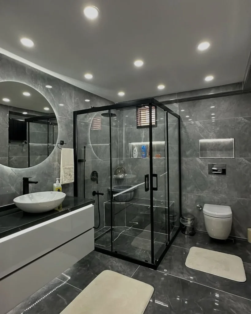 Go Full Grey Marble With Black Fixtures for a Sleek, Dramatic Bathroom