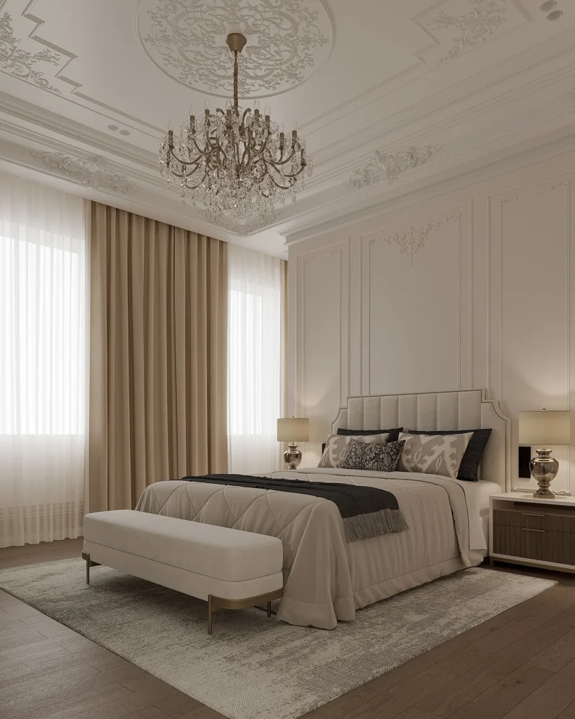 Grand European Bedroom With Ornate Ceiling Medallion and Crystal Chandelier