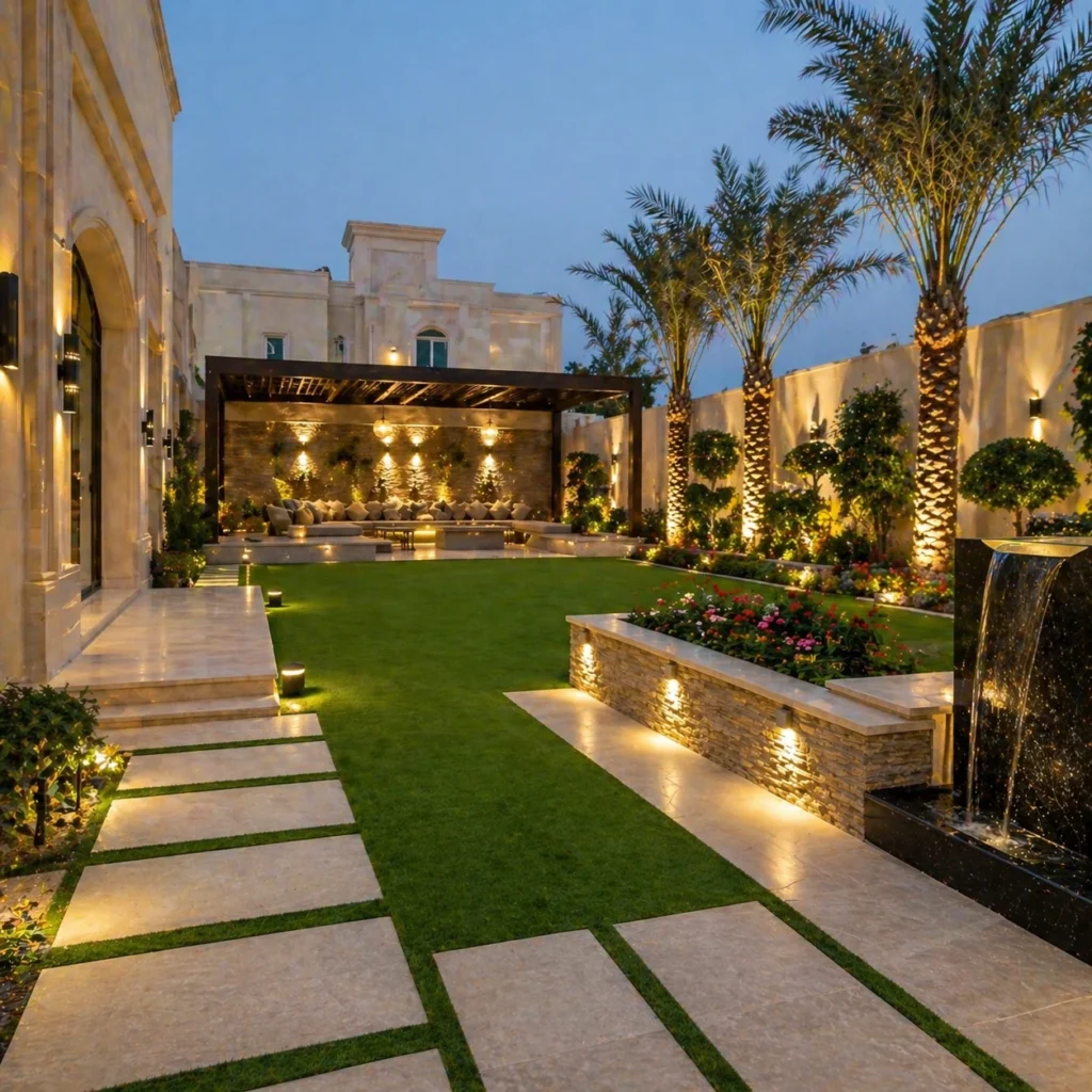 Grand Villa Garden with Stone Pergola Lounge, Palm Trees, and Waterfall Feature