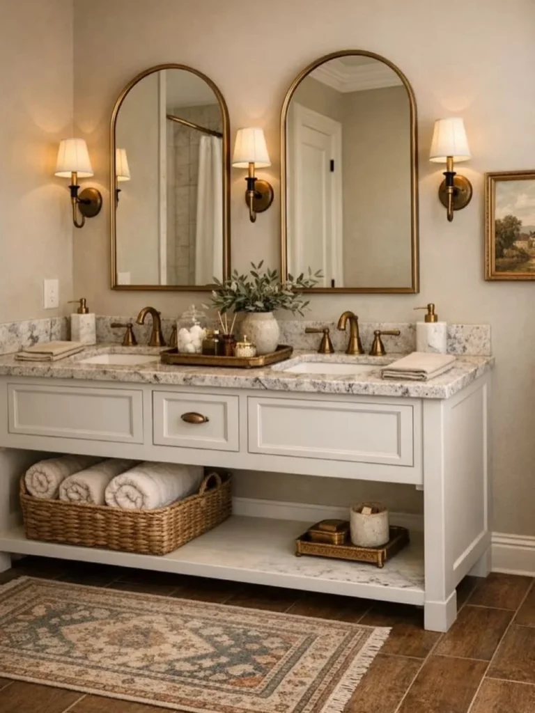 Install Double Arched Mirrors and Brass Sconces Over a Double Vanity