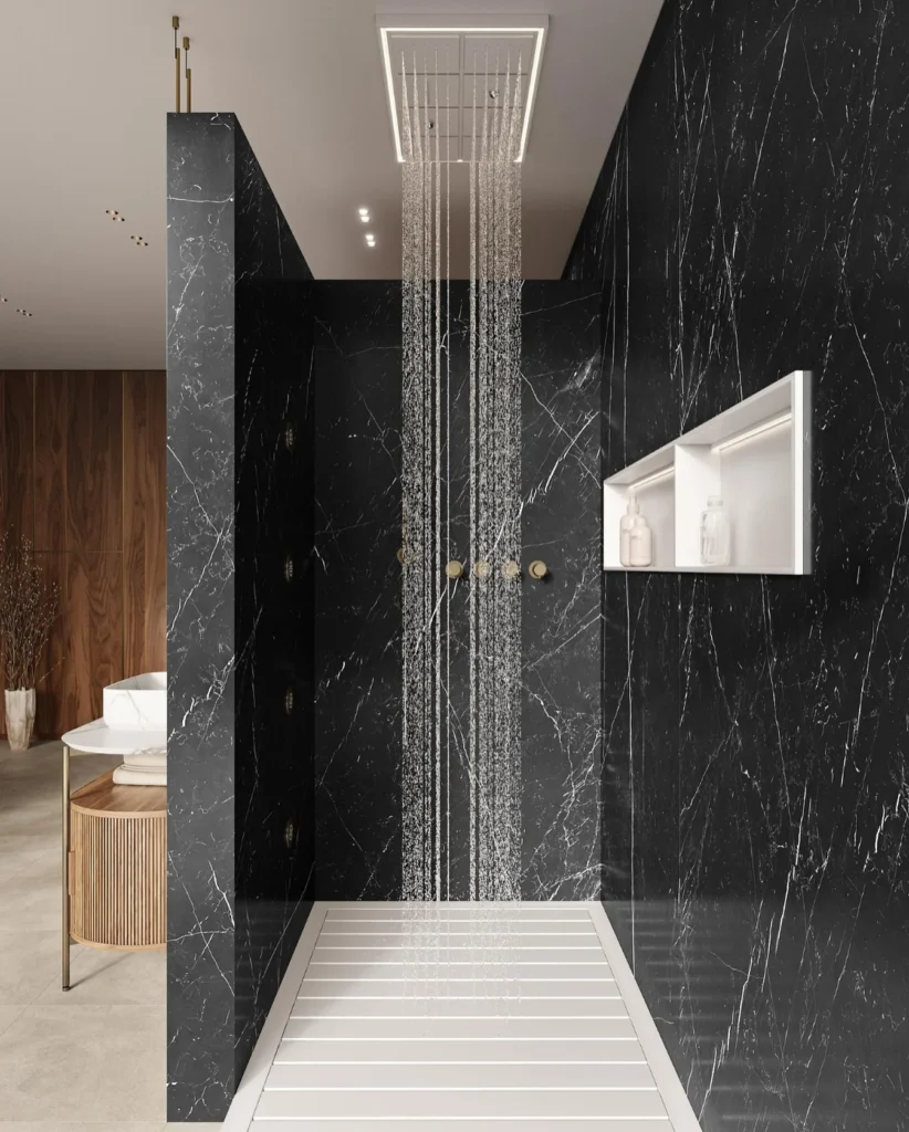 Install a Ceiling Rain Shower in a Black Marble Wet Room for Ultimate Luxury