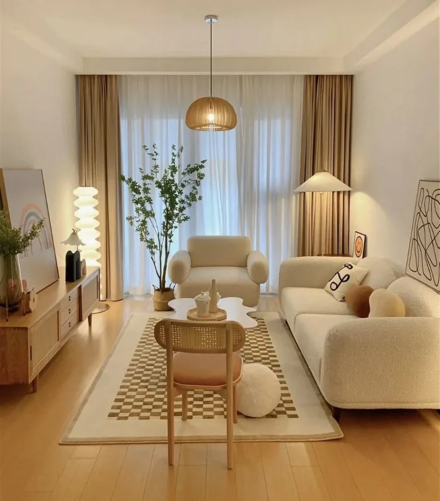 Japandi Cozy Living Room With Checkerboard Rug and Boucle Furniture