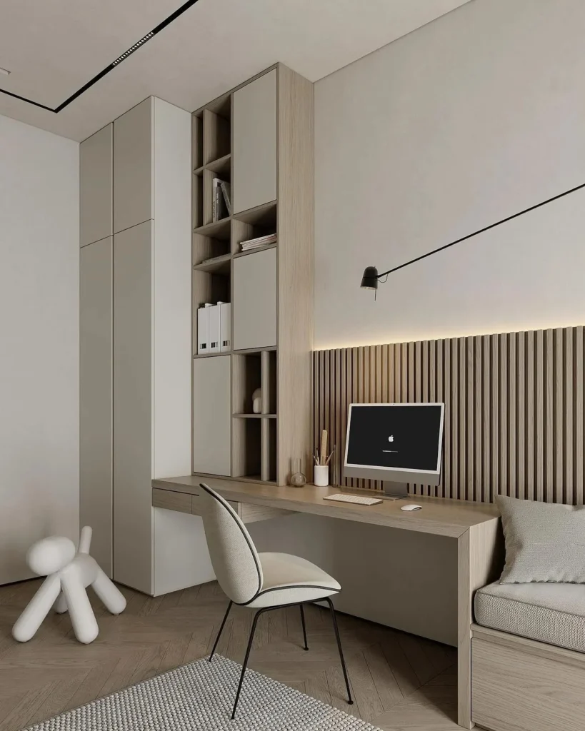 Japandi Home Office with Wood Slat Wall and Built-In Storage Tower
