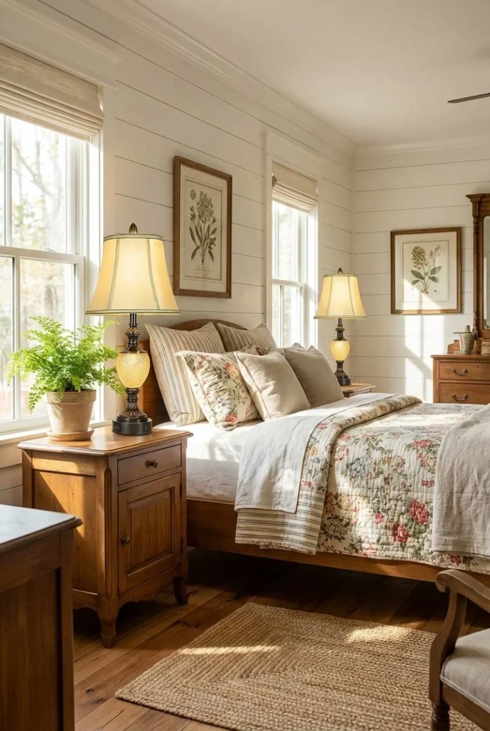 Lean Into Cottage Style With Warm Wood and Floral Quilts