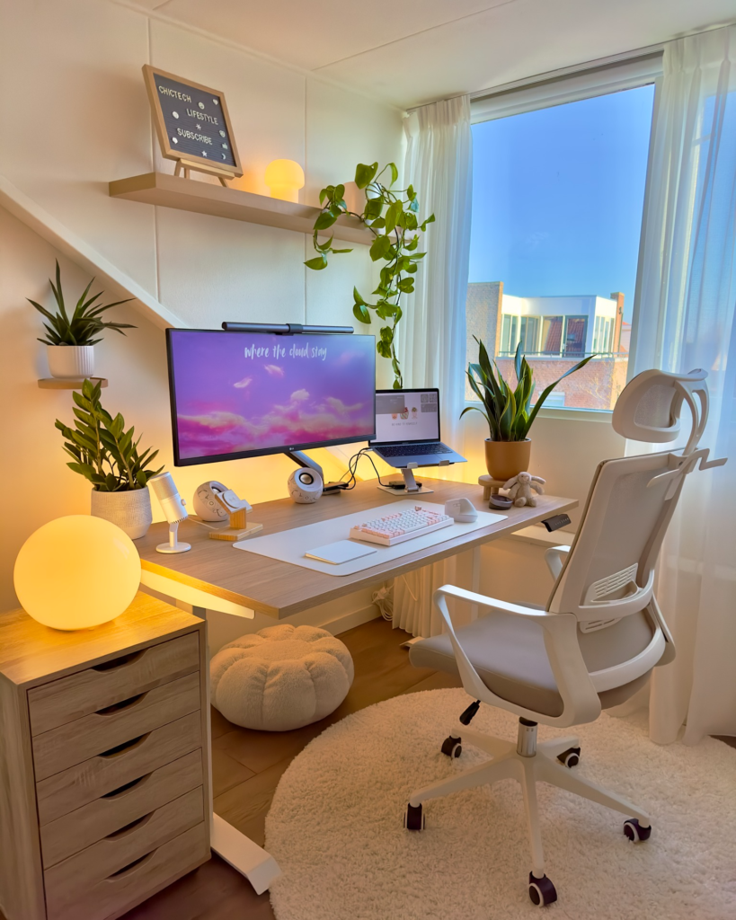 Light and Airy Desk Setup with Purple Sky Wallpaper and Abundant Plants