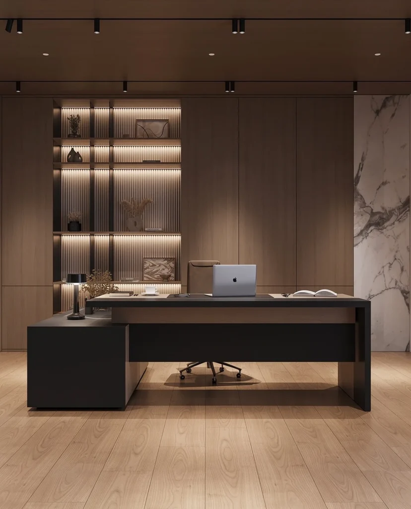 Luxury Dark Wood Office with Backlit Shelving and Marble Accent Wall