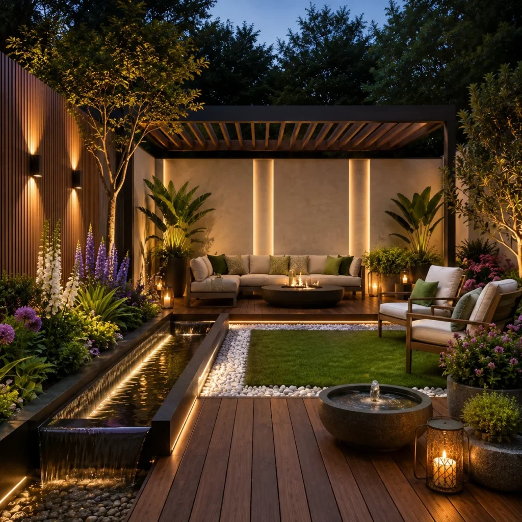 Luxury Garden Patio with Water Feature, Pergola, and Vertical LED Wall Lighting
