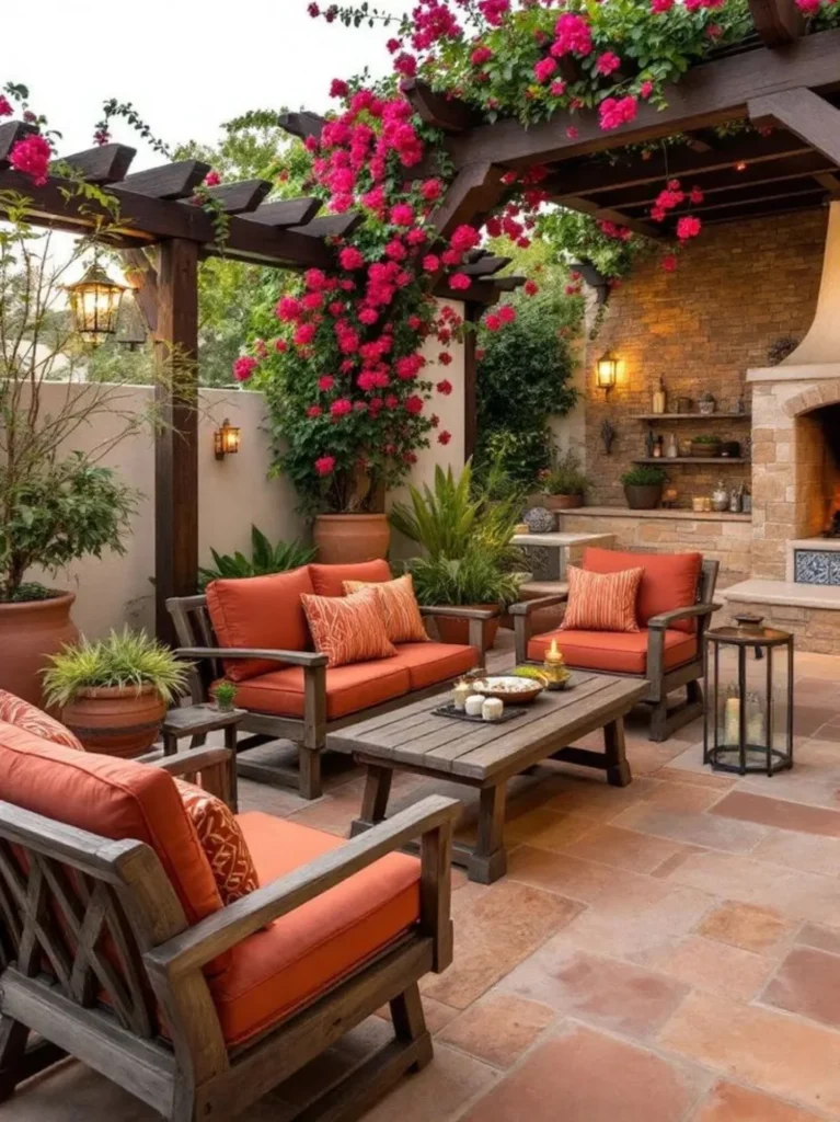 Mediterranean Patio with Bougainvillea Pergola, Terra Cotta Cushions, and Stone Fireplace