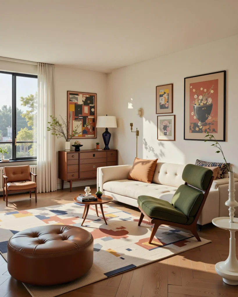Mid-Century Winter Living Room With Warm Terracotta and Forest Green