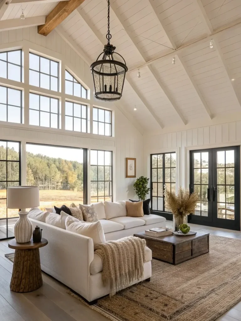 Modern Farmhouse Living Room With Shiplap Ceiling and Winter Views