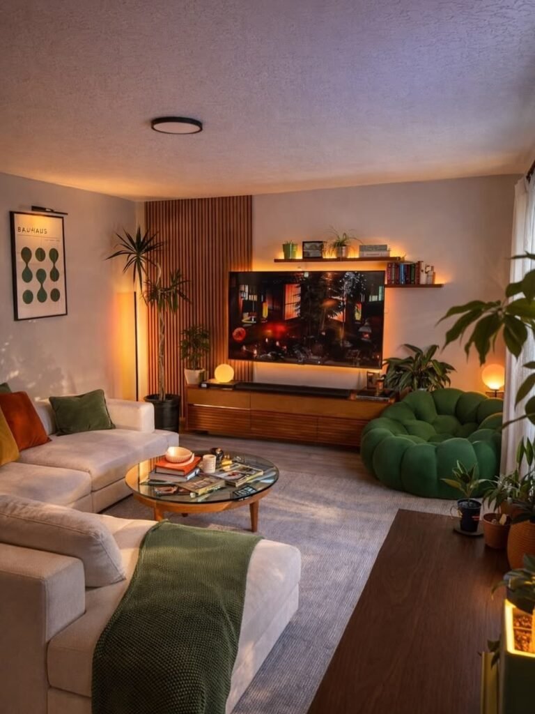 Moody Living Room With Slat Wood TV Wall and Ambient Lighting
