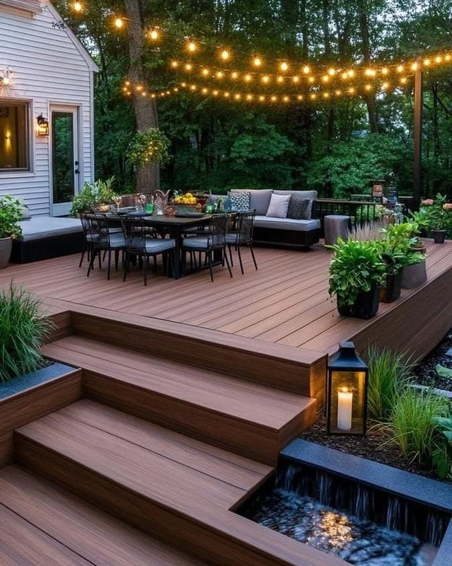 Multi-Level Composite Deck with Water Feature, Dining Area, and String Lights