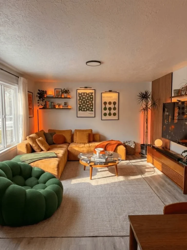 Mustard and Forest Green Living Room With Amber Uplighting