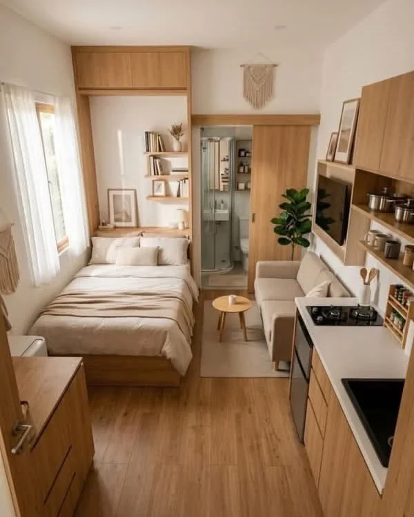 Narrow Studio Layout With Kitchen, Living, and Bedroom in a Single Line