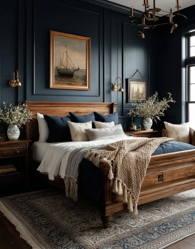 Navy Blue Bedroom With Antique Walnut Sleigh Bed and Brass Sconces