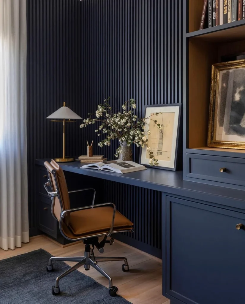 Navy Blue Home Office with Vertical Slat Wall and Cognac Leather Chair