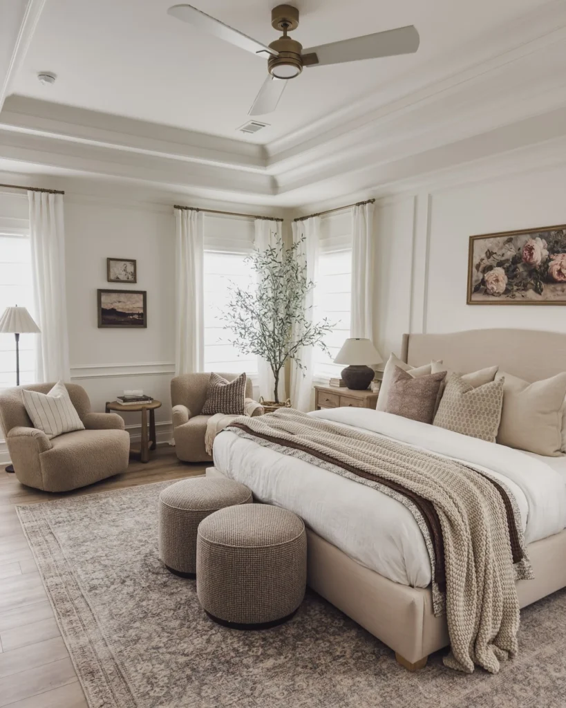 Neutral Master Bedroom With Sitting Area and Olive Tree
