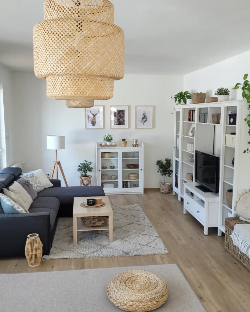 Nordic Living Room With Oversized Rattan Pendant and White Storage Wall