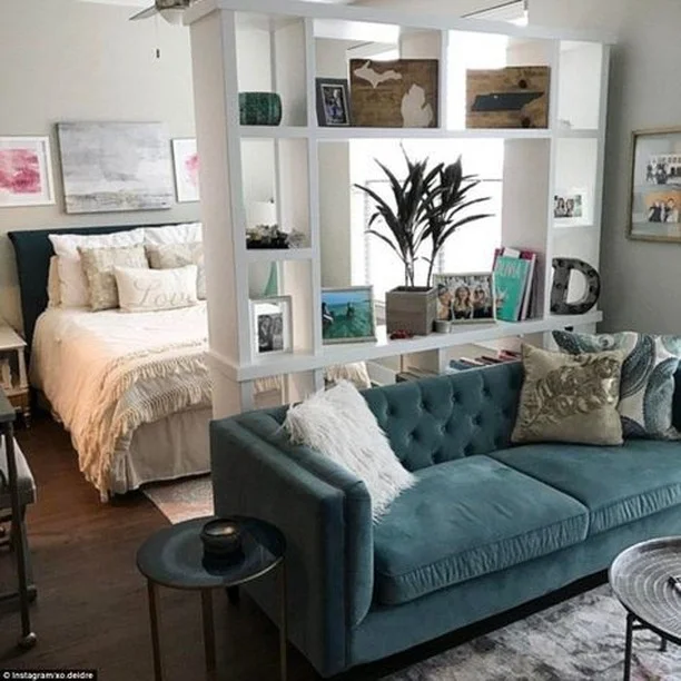 Open Bookshelf Divider Between Bedroom and Living Room