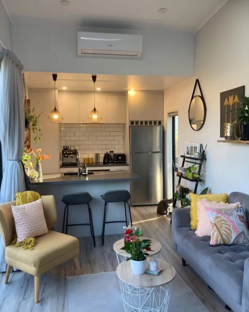 Open Plan Kitchen and Living Room With Colorful Accents
