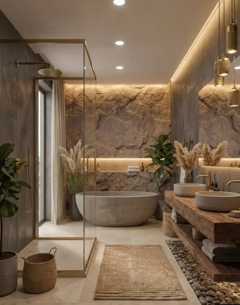 Organic Natural Stone Bathroom with Freestanding Tub and Earthy Textures
