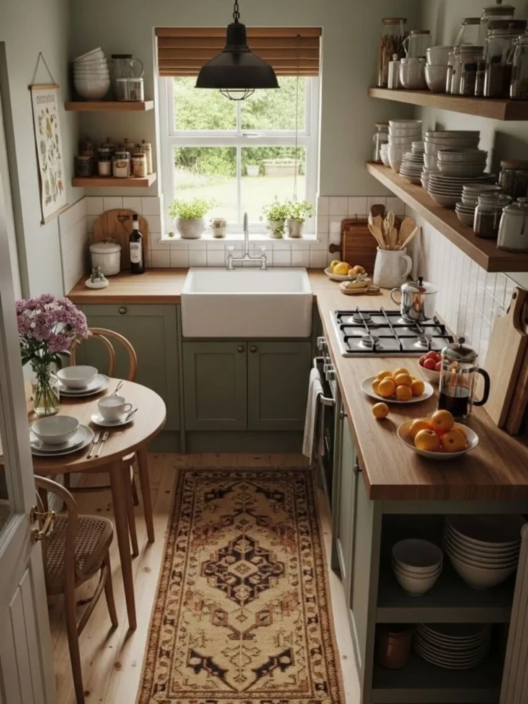 Pack a Small Cottage Kitchen With Open Shelving and a Farmhouse Sink