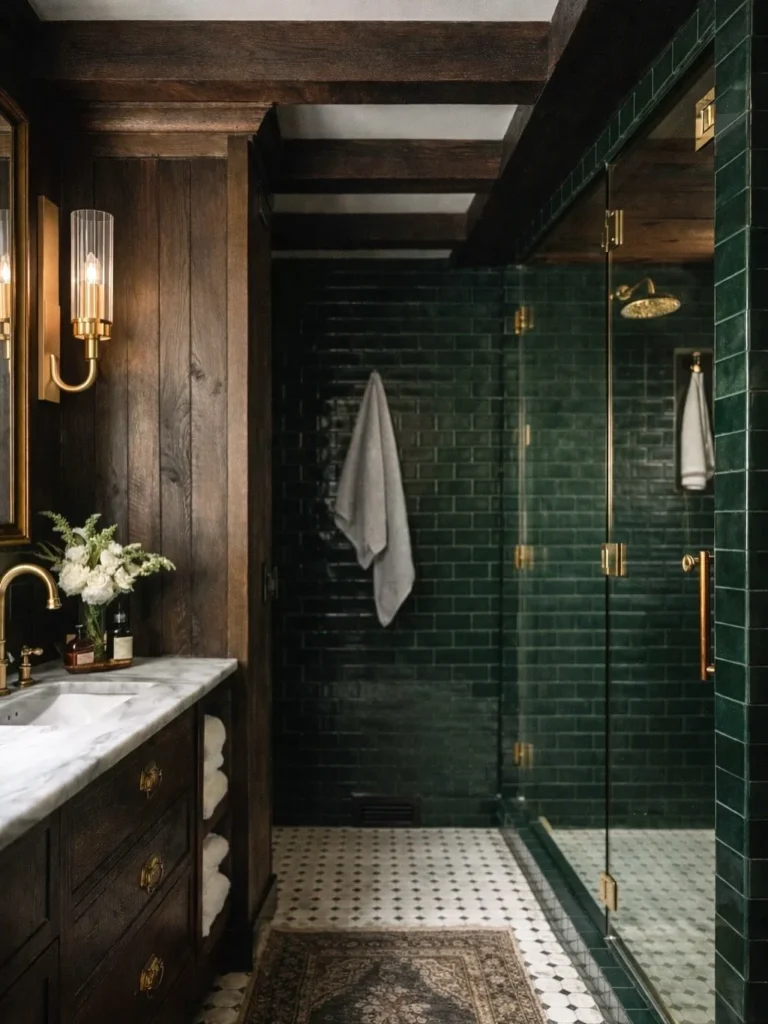 Pair Dark Wood Paneling With Emerald Green Tile for a Moody, Luxurious Bathroom