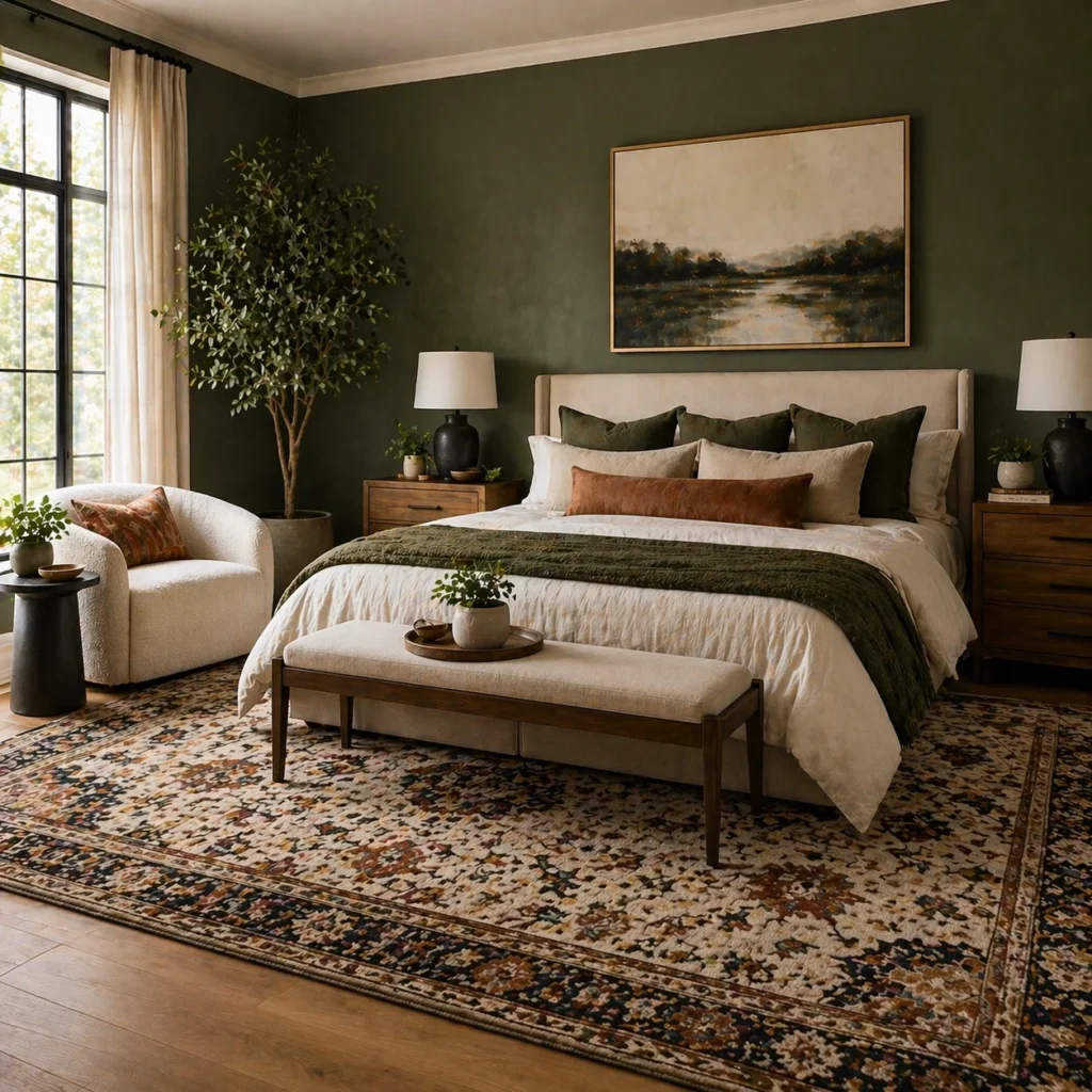 Pair Olive Green Walls With Earthy Tones for a Grounded Feel