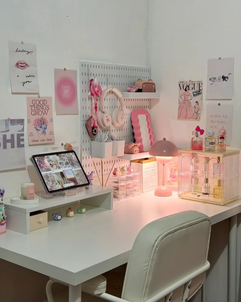 Pink Feminine Desk Setup with Pegboard Wall and Aesthetic Decor