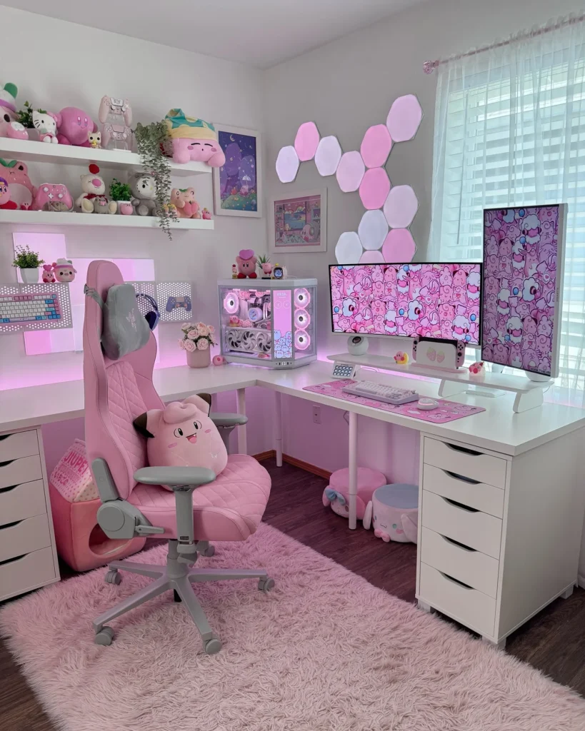 Pink Gaming Setup with Kawaii Plushies, Dual Monitors, and Pink PC Build