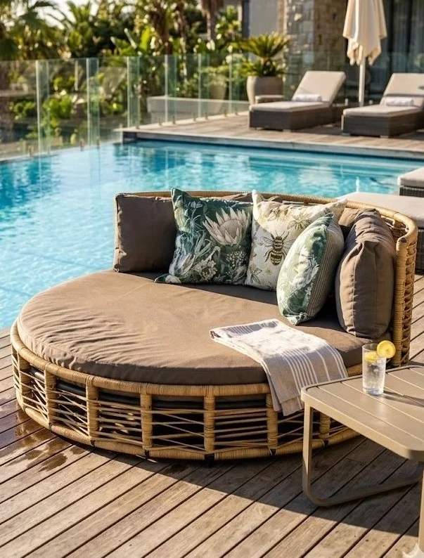 Poolside Rattan Daybed with Botanical Cushions and Resort-Style Deck