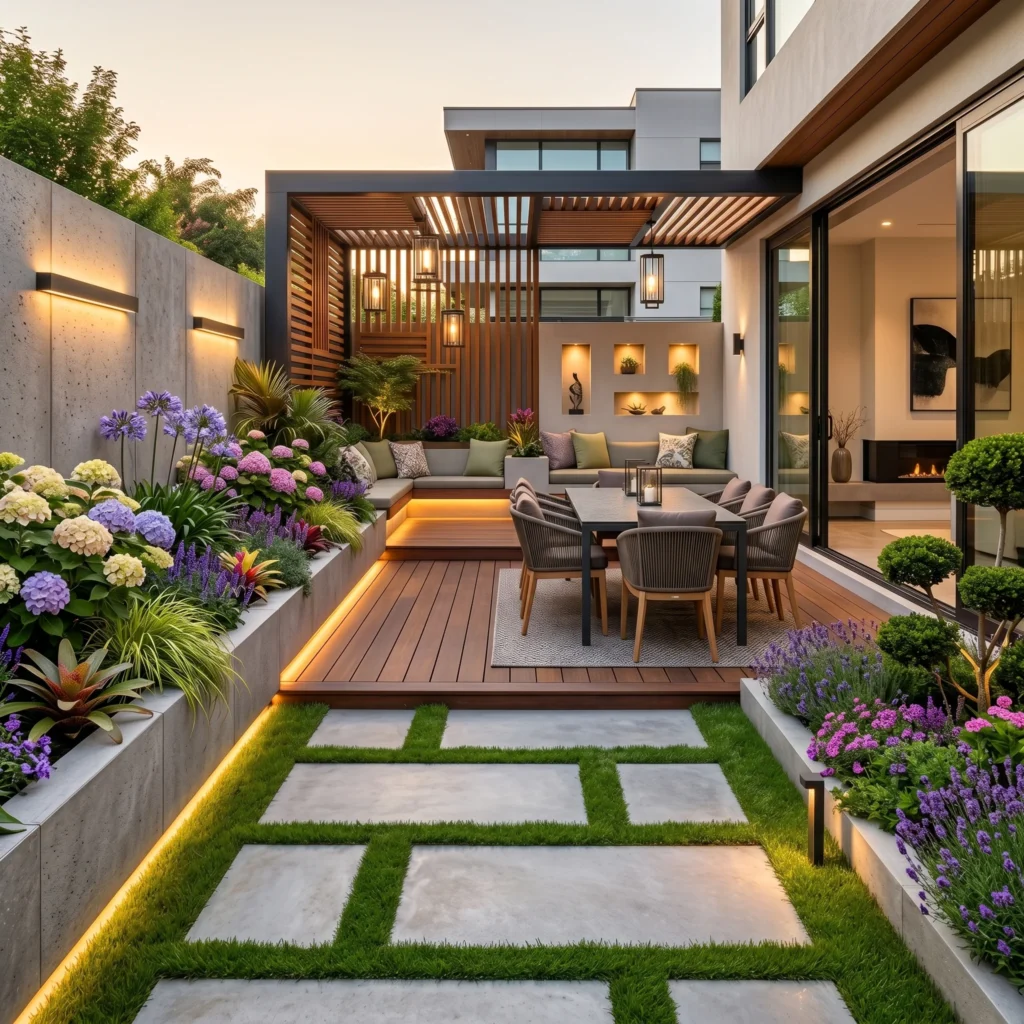 Raised Wood Deck Patio with Flower Garden Borders and Outdoor Dining Area