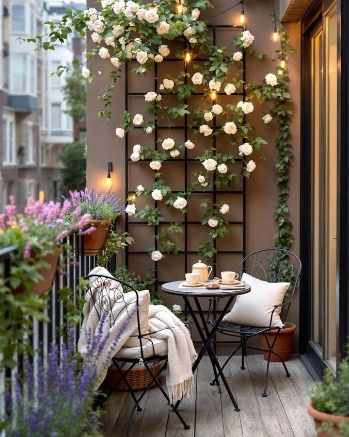 Romantic Balcony With Climbing Roses and String Lights