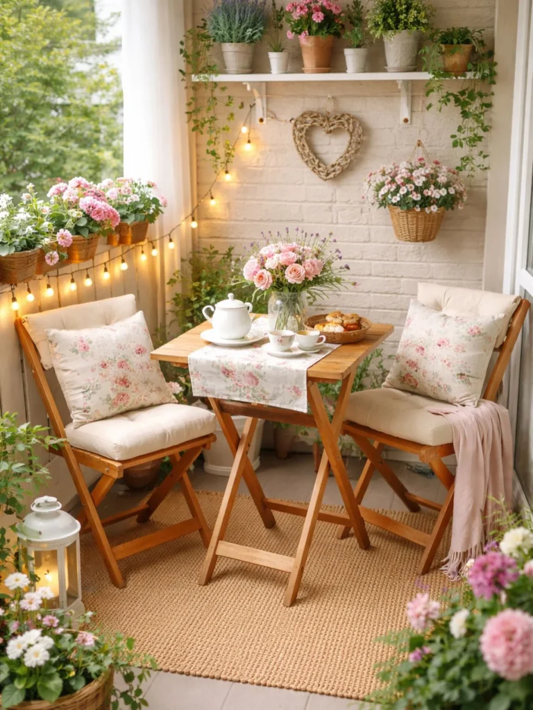 Romantic Cottage Balcony with Floral Cushions, Tea Set, and Pink Blooms