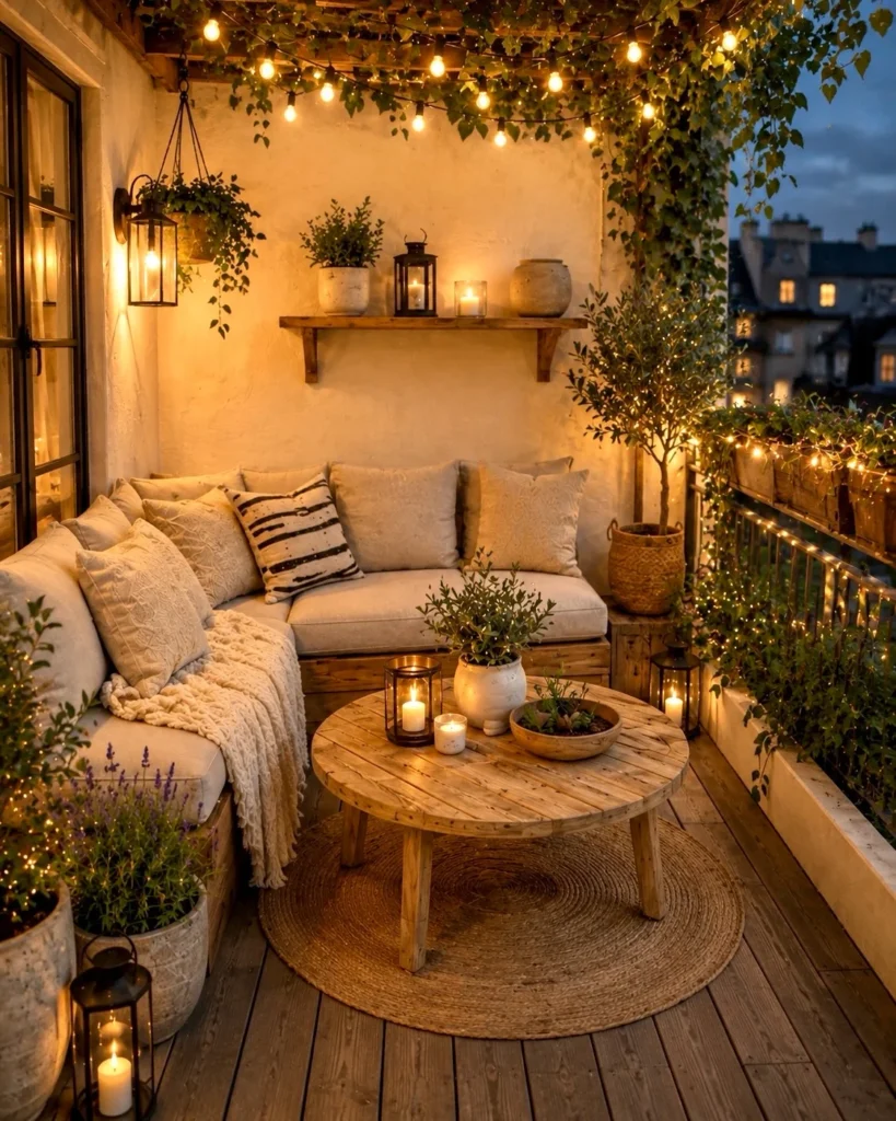 Rustic Balcony with String Lights, Pallet Sofa, and Candlelit Evening Charm