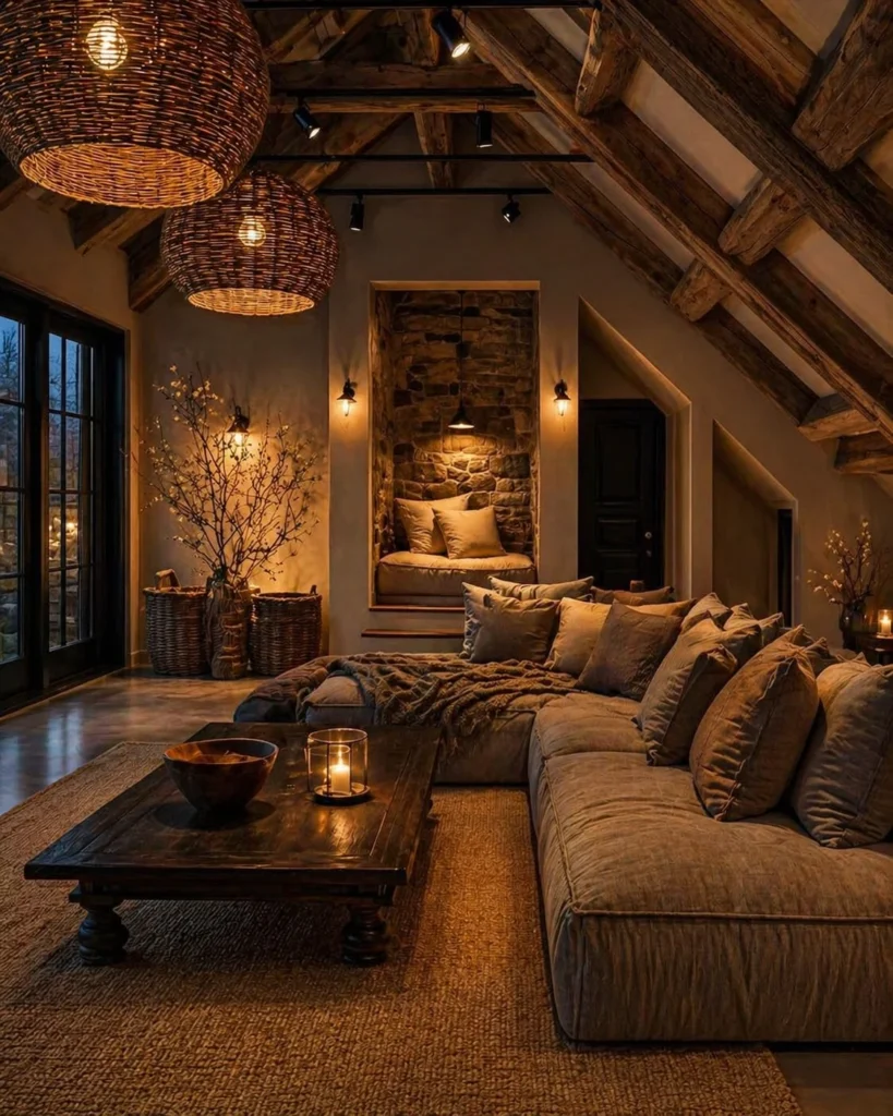 Rustic Lodge Living Room With Exposed Beams and Stone Alcove