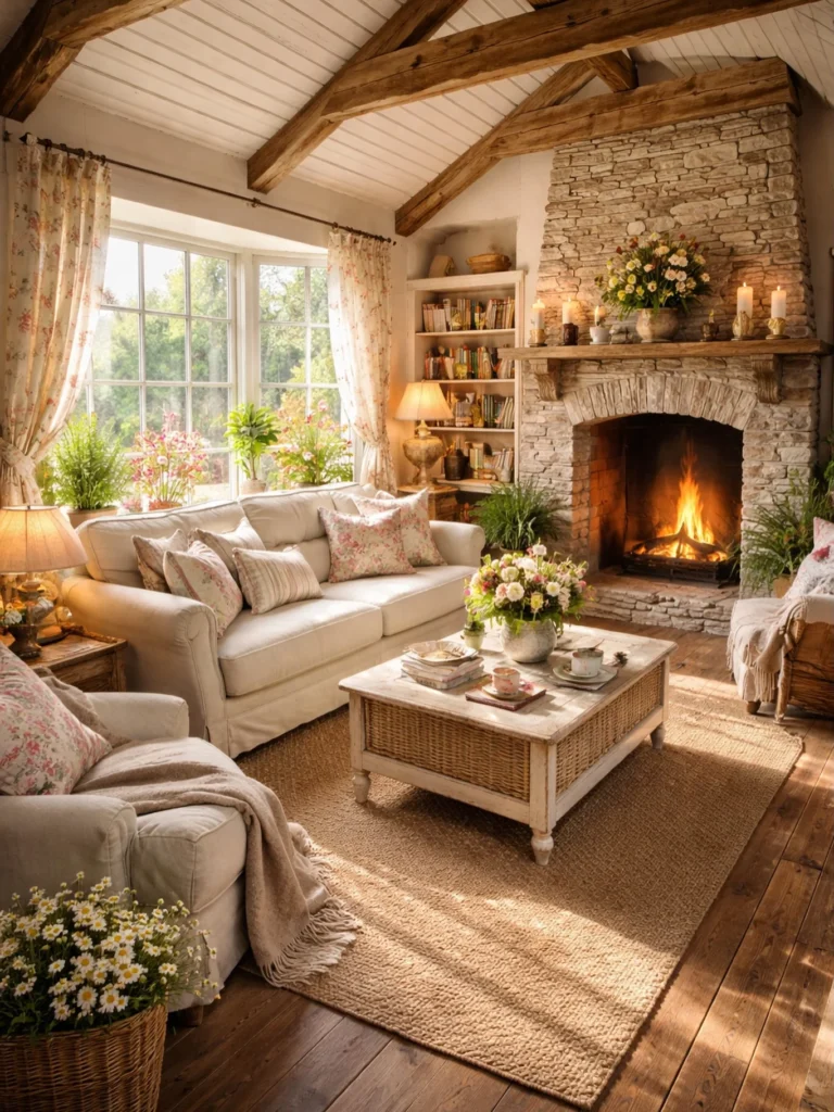 Rustic Stone Fireplace Cottage Living Room