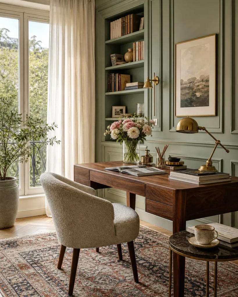 Sage Green Home Office with Dark Wood Desk and Brass Accents