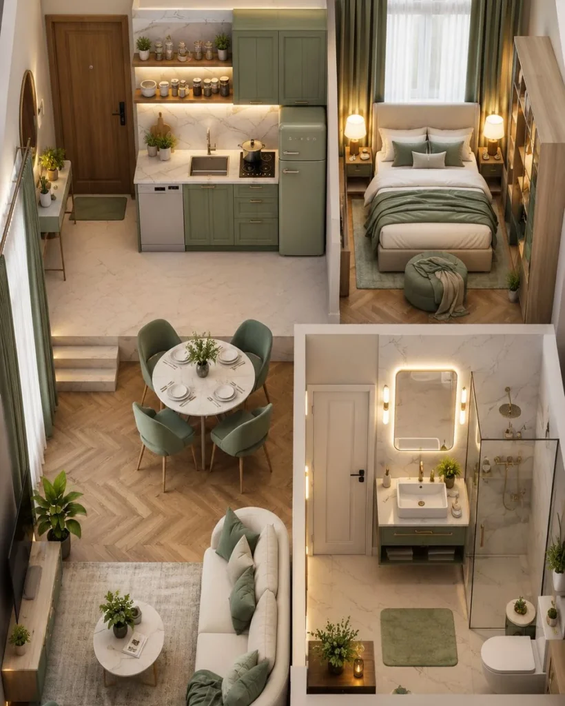 Sage Green Studio With Four Perfectly Defined Zones