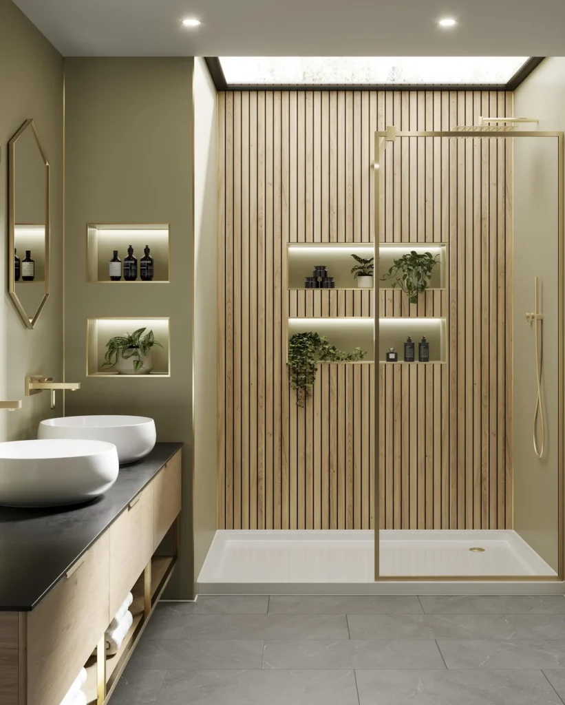 Sage Green and Wood Slat Bathroom with Skylight Shower
