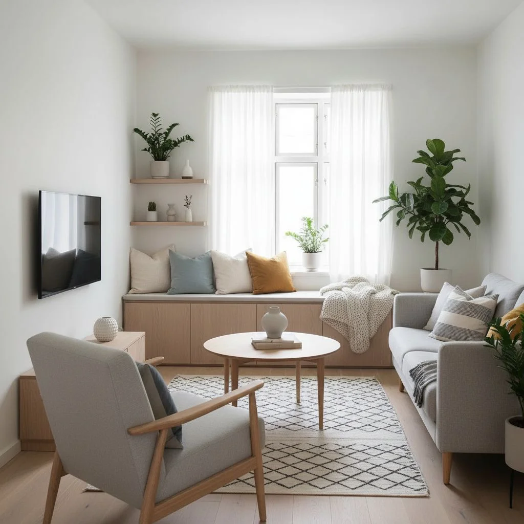 Scandinavian Living Room With Window Bench and Oak Floating Shelves