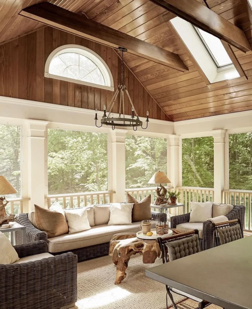 Screened Porch with Vaulted Cedar Ceiling, Root Coffee Table, and Forest Views